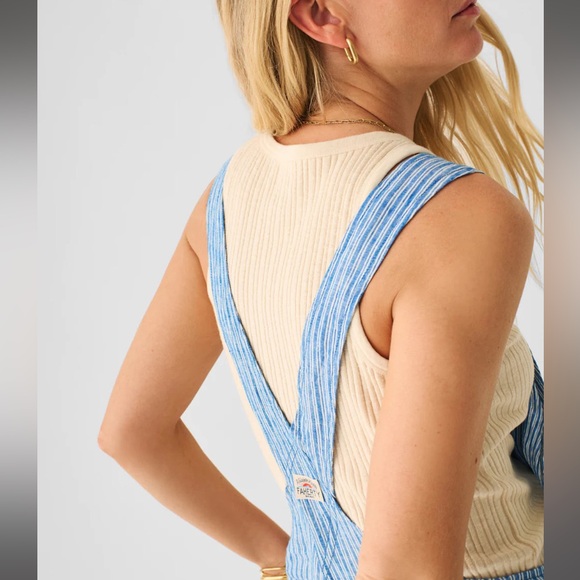 Faherty Linen Blue & White Railroad Stripe Overalls Sz Medium - Picture 4 of 5